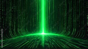 digital environment with green lines of code streaming down, converging into a bright light at the base. The dark background, glowing alphanumeric characters, and vertical perspective.