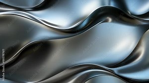 Smooth, shiny black waves with light reflections create a fluid, abstract art design. The metallic surface appears to ripple and flow, adding a dynamic and captivating visual effect.