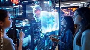 A group of high school students use AI-powered educational apps and digital devices, demonstrating the future of education and the efficiency of the learning process.