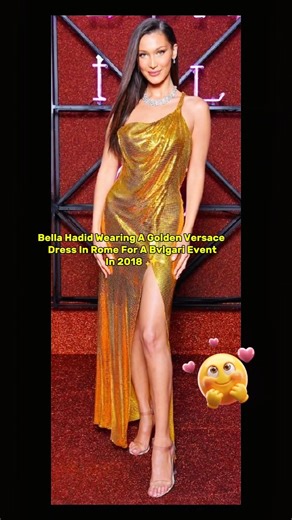 Bella Wearing A Golden Versace Dress In Rome For A Bvlgari Event In 2018. #bellahadid #model #shorts