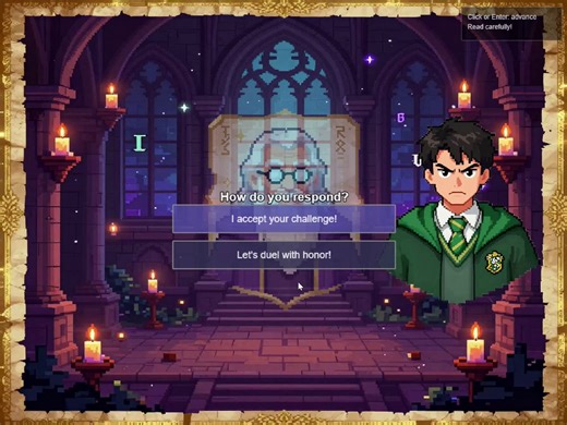 3. Harry Potter: Arithmancy AcademyPrompt: "Create a turn-based card battle game set in a pixel art Hogwarts. I want to play as a wizard student dueling a rival in the Dueling Club. The twist is that magic requires knowledge: to cast spell cards like 'Expelliarmus' or 'Stupefy', I must answer trivia questions (Math/Science) correctly. Include a 'Magic Resonance' combo system where getting consecutive right answers boosts my spell damage. The style should be atmospheric Gothic fantasy pixel art w