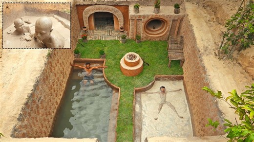 Building an incredible underground home with unique pools & courtyard | Primitive Technology DIY