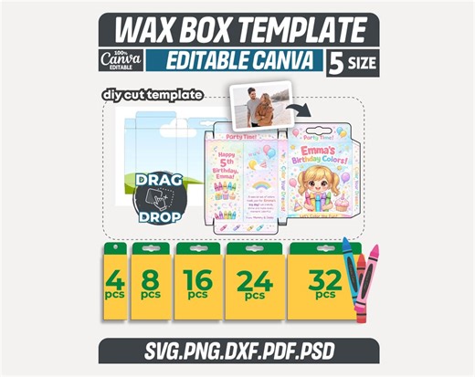 Crayon Box Template Bundle 5 Sizes, Wax Crayon Box SVG Canva Editable, Party Favor Box Cricut Silhouette, DIY Packaging Instant Download - Etsy
