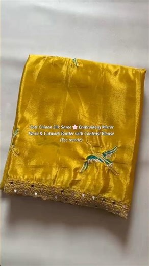 Soft Chinon Silk Saree 🌸 Embroidery, Mirror Work & Cutwork Border | Contrast Blouse #trendingsaree