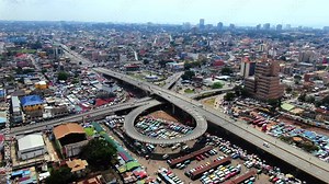 Accra Circle Interchange aerial view of African urban city centre, Ghana