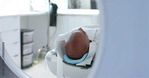 Motorized table is sliding patient into circular scanner at radiology after motor start for scan