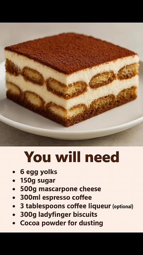 Here’s a recipe for Tiramisu - Italy’s most famous cake/dessert: **Ingredients:** - 6 egg yolks - 150g sugar - 500g mascarpone cheese - 300ml strong espresso coffee, cooled - 3 tablespoons coffee liqueur or Marsala (optional) - 300g ladyfinger biscuits (savoiardi) - Cocoa powder for dusting - Pinch of salt **Instructions:** Whisk egg yolks and sugar in a bowl over simmering water (bain-marie) until thick and pale, about 5 minutes. Remove from heat and let cool slightly. Beat the mascarpone until