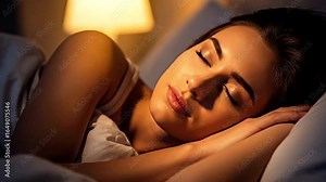 A woman sleeps in bed lit by a lamp showing a serene scene