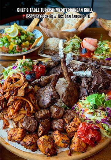 If you love Mediterranean food, this is an absolute must. Mixed grill plates with perfectly seasoned kebabs and tender lamb, plus house made dips served with warm, fluffy bread. 🥖✨ Don’t skip the pide and make sure to save room for künefe, baklava, and Turkish coffee. 😍☕️ 📍 @Chef's Table SA TX 1546 Babcock Rd # 102, San Antonio, TX 78229 ⏰ Mon–Sat 11am–9pm ⏰ Sun 11am–8pm #mediterraneanfood #turkishfood #satx #sanantonio #sanantoniofood