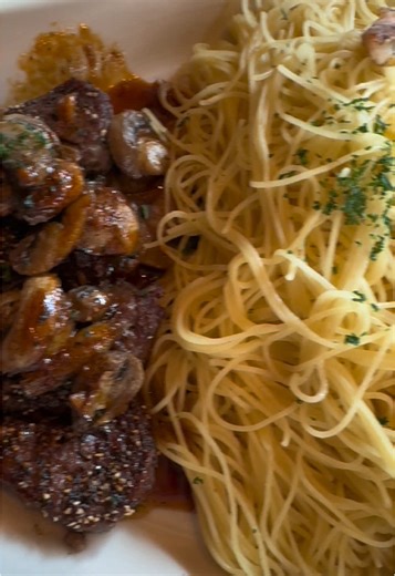 Cheesecake Factory Hack! Order the Steak Diane and shrimp scampi combo, substitute the mashed potatoes with angel hair pasta and ask for extra scampi sauce on the side, pour the scampi sauce over the pasta and enjoy! Dish comes with 3 pcs of shrimp and it’s a great alternative if you prefer pasta over mashed potatoes Steak Diane comes with pieces of steak, mushrooms and a delicious steak sauce so you get both sauces on the pasta There was an extra charge to substitute! #cheesecakefactory #nycfoo