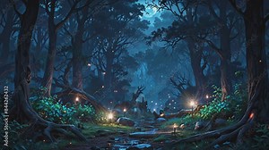 Anime video of a dark forest at night. There is a path leading through the forest, and there are glowing mushrooms and other plants on either side of the path. There is a deer standing in the middle