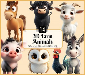 3D Farm Animals Clipart: Barnyard Cow Horse Pig Goat (PNG Download) - Etsy