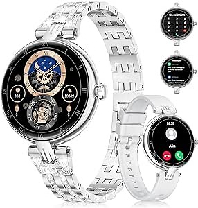 Women’s Smart Watch Bluetooth Answer Make Calls for Android iOS 1.1” AMOLED Female Smartwatch Sport Fitness Tracker Heart Rate Sleep Monitor Diamond Smart Watch Ladies Silver Steel Smartwatch