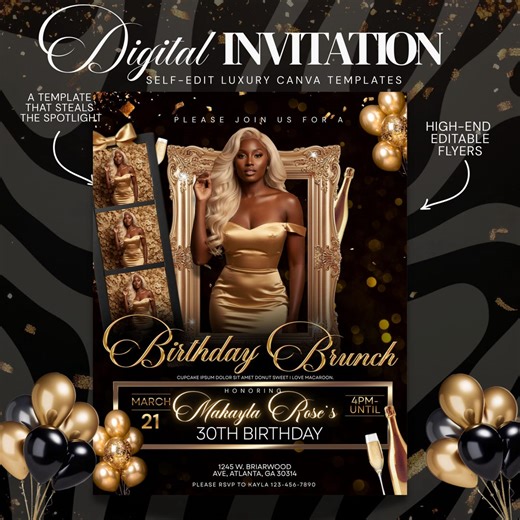 Birthday Brunch Invitation Template, Editable Canva Invite, Digital - Etsy