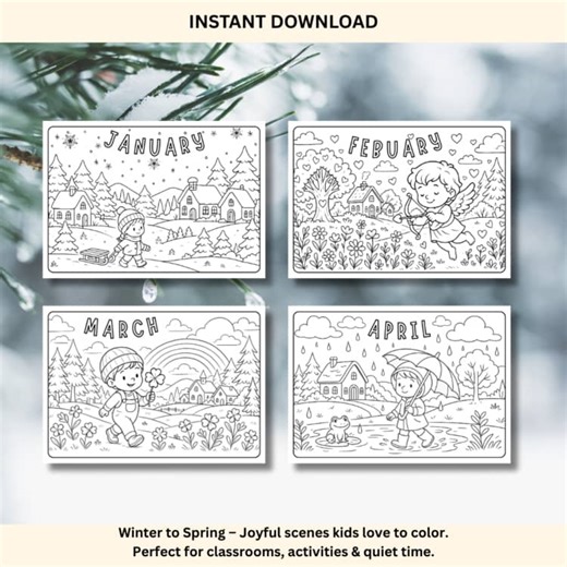 12 Months Coloring Pages for Kids|Seasonal Storybook Set for Classroom&Home
