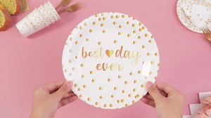 120 Pcs Best Day Ever Wedding Tableware Set Wedding Reception Party Supplies Beverage Table Decorations White and Gold Dot Paper Plates, Cups, Napkins, Forks for 24 Guests