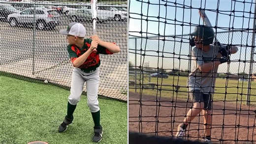 I swear by the Swingrail now. This is the progress of 2 1/2 weeks of tee work. He’s casting his hands on the right, but it’s his first time with live pitches and he doesn’t do that off the tee, so we can work on that. $30 Swingrail is easier and cheaper than months of coaching!