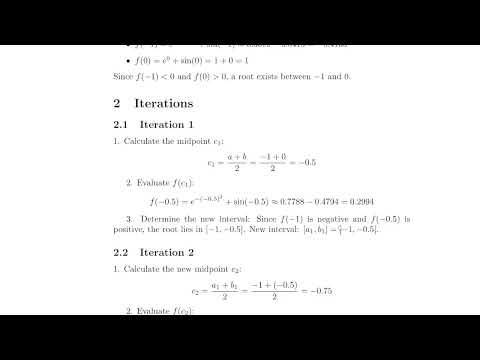 Bisection Method Example | Solve e^(−x²) + sin(x) = 0 (2 Iterations, Error Estimation)