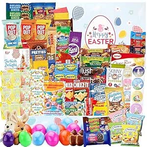 Easter Snack Box (112 Count) Filled with Candy, Snacks, Treats and Plush Easter Bunny, Great Package for Family, Friends, Kids, Boys and Girls