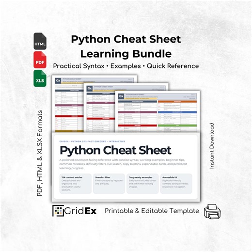 Python Cheat Sheet Bundle Excel PDF Interactive HTML Coding Reference - Etsy UK