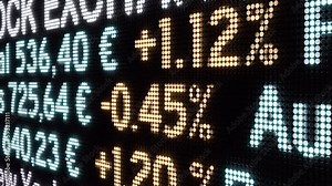 Stock market and exchange trading ticker. Screen with sector indexes like banks, industrial, retail or utility. Index quotes, percentage signs, business, trading, equity and investment. 3D animation