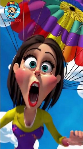 Cartoon-style woman skydiving with parachute, funny expressions, kids animation style.