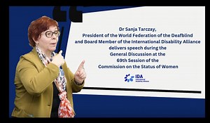 👉Dr Sanja Tarczay, President of the World Federation of the Deafblind and Board Member of the International Disability Alliance delivers speech during the General Discussion at the #CSW69 General Discussion at United Nations Headquarters in New York. 📺Watch the full speech here: https://webtv.un.org/en/asset/k1t/k1txjoh3lj?kalturaStartTime=7051 | International Disability Alliance
