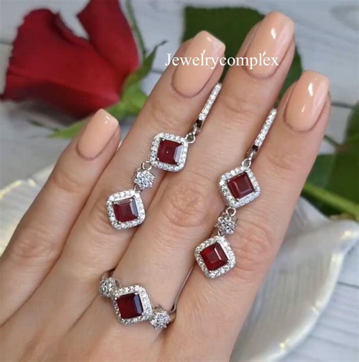 Natural Square Cut Red Ruby Gemstone Ring, White Moissanite Earring, 925 Sterling Silver Handmade Jewelry Set, - Etsy