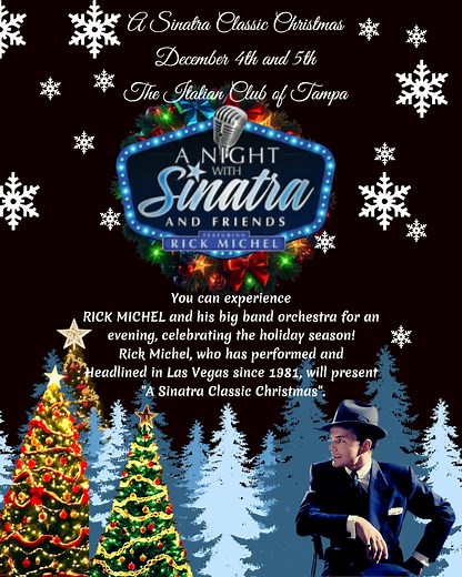 Get ready to have a swingin' Sinatra Christmas at The Italian Club Tampa. Join me and my 7-piece big band orchestra for an evening celebrating the holiday season! 🎅About Me: I've performed and headlined in Las Vegas since 1981, will present "A Sinatra Classic Christmas", a show focusing on the classic music of Frank Sinatra, Dean Martin, Sammy Davis Jr., Bing Crosby, and many more! Michel salutes and interprets "Ol' Blue Eyes" and has been called “the closest thing to Sinatra we have ever heard