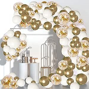 White Gold Balloon Garland Kit - 132Pcs Wedding Party Balloons Decoration Set - Gold Confetti White Transparent Balloons for Bridal Baby Shower Wedding Birthday Graduation Anniversary Party