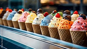 Close up view of a ice cream parlor's counter with rows of multi colored ice cream cones