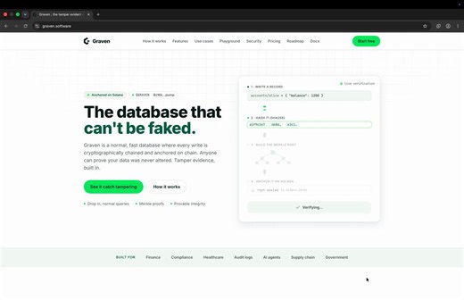 We recorded it, so you can see how to test it.Watch anyone open the Graven playground, write a record, and seal it on Solana mainnet in seconds. This is not a testnet mock and not a staged clip. It is the live database running against real onchain anchoring.https://t.co/PfyaOknWh4Once a record is sealed, its history is locked. The Merkle root sits on chain, permanent and unchangeable, so data can never be quietly faked again. Try to tamper with it and audit() catches it instantly and names the e