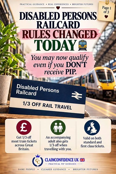 DISABLED PERSONS RAILCARD ELIGIBILITY HAS CHANGED. You may now qualify even if you DON'T receive PIP. The Disabled Persons Railcard has expanded its eligibility criteria, meaning some people with long-term health conditions or neurodivergent conditions may now be able to apply without receiving a qualifying disability benefit. The new route includes people whose disability, health condition or neurodivergence has lasted — or is expected to last — at least 12 months. You’ll need appropriate evide