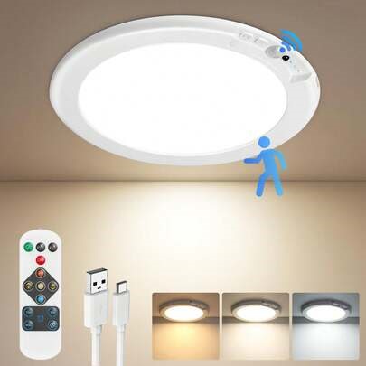 Rechargeable Motion Sensor LED Ceiling Light With Remote | Dimmable Wireless Battery Operated Lamp For Closet Hallway Garage Staircase | SHEIN