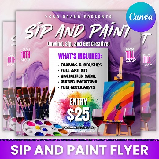 Sip and Paint Party Flyer: DIY Canva Template (digital Download - Etsy