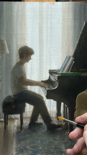 Jacob Collins on Instagram: "Painting of @isaiah.collins.43 practicing piano. I’ve been his practice parent for the past decade; it’s been a journey together. The audio is something he improvised the other day. #musicandart #pianist #youngmusician #proudfather #interiorpaintings"