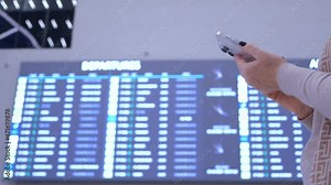 Close-up. People in international airport. Female traveler look at phone, search for boarding pass or flight cancelation information. 4K