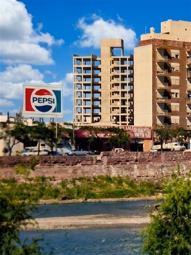 Esta es una vista del puente Centenario de la ciudad de Córdoba. Encontramos la foto original sin fecha, pero estimamos por el logo de Pepsi y el estado de construcción de los edificios. ¿Qué otros datos nos pueden ayudar a estimar la fecha? #auto #colectivo #cordoba #argentina #pepsi