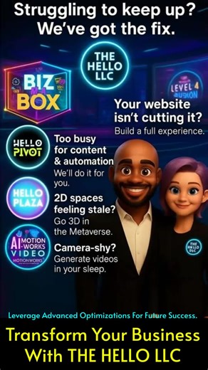 🚀 Welcome to THE HELLO LLC 🚀 At THE HELLOLLC, our mission is simple: Helping Entrepreneurs Leverage Leading-edge Optimizations to scale with confidence in today’s digital world. Our vision? To build the foundations and systems that prepare your business not only for now, but for the future of AI and the Metaverse. Here’s how we do it: ✨ Biz-In-A-Box Your website isn’t enough anymore. Biz-In-A-Box is more than a website, it’s an experience into your business. We design it with cutting-edge auto