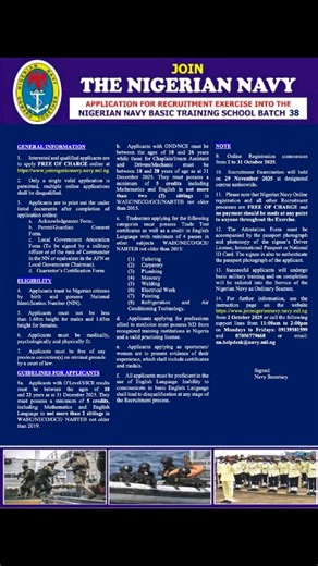 Nigerian Navy Recruitment 2025 Begins! The Nigerian Navy has opened applications for NNBTS Batch 38. 📅 Registration: 2 – 31 October 2025 📝 Exam Date: 29 November 2025 💻 Apply FREE at: www.joinnigeriannavy.navy.mil.ng ✅ Must be a Nigerian citizen with NIN ✅ Age: 18–22 (O’Level), 18–26 (OND/NCE), 18–28 (Drivers/Mechanics/Chaplains) ✅ Minimum 5 credits incl. English & Maths ✅ Height: 1.68m (M), 1.65m (F) Note: The entire process is FREE. Do not pay anyone! #NigerianNavy #NNRecruitment #NNBTS38 #
