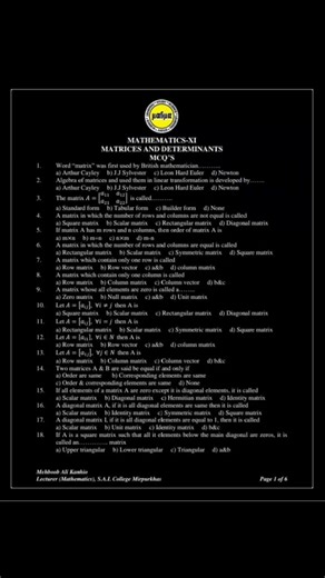 💢💥✨Comprehensive Multiple Choice Questions on Matrices and Determinants for Undergraduate Students✨💥💢 👉✨💥A Conceptual and Structural Review of Linear Algebra Fundamentals✨💥 | Mathematical Muse