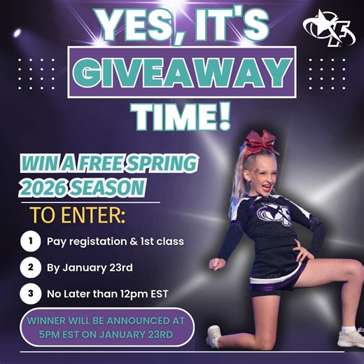 HEY CHEER FAM...WHO’S READY FOR SPRING 2026?! 🤩👇💜 We just had an INCREDIBLE State event his weekend and we’re counting down the days until the new season kicks off… and to celebrate, we’re giving YOU the chance to WIN YOUR SPRING 2026 SEASON FREE! 📣💜 Yep ...one lucky athlete will have their full season on us. Here’s how to enter: ✅ Register for Spring 2026 ✅ Pay for your first class ✅ Be registered by January 23rd at 12PM That’s it! Quick, easy, and you’re in the running. Don’t wait! READY,