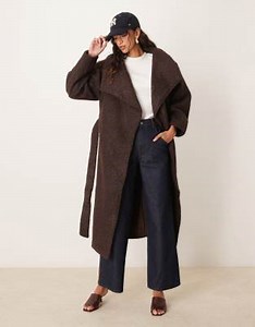 Gina Tricot belted wrap midi coat with funnel neck in brown | ASOS