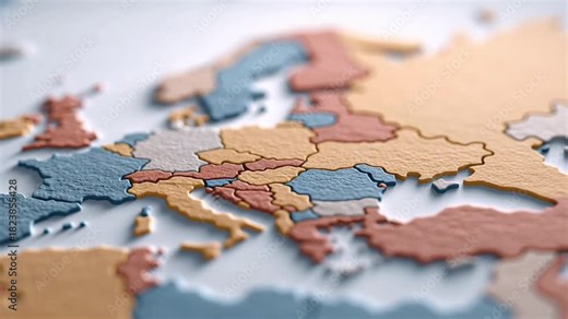 Detailed 3D map of Europe slowly rotates showing country borders in soft light representing geopolitical concept and international connection visualization
