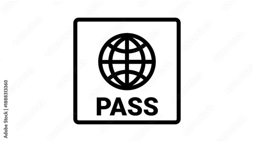 Animated passport icon featuring a globe symbol and bold text for travel and identification concepts.