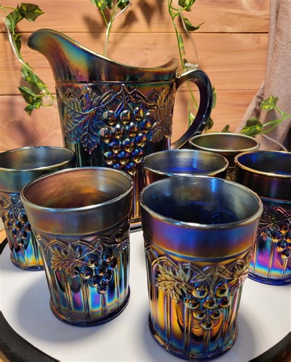Antique Northwood Carnival Glass Water Set • Grape Gothic Arches Cobalt Blue Iridescent - Etsy