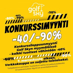 Golf Skyn kaikki neljä myymälää aukeavat tiistaina 7.11. konkurssiloppuunmyyntiä varten. Golf Skyn konkurssiloppuunmyynnin alkaessa alennusprosentit vaihtelevat 40–90 prosentin välillä, mutta hinnat ja alennusprosentit voivat muuttua nopeasti. Alennusprosentit nousevat myynnin edetessä. Ohessa muutamia asioita, jotka on hyvä tietää ja huomioida loppuunmyynnistä konkurssitilanteessa. Konkurssipesät eivät ole arvonlisävelvollisia ja tästä syystä kassakuiteissa ei näy arvonlisäveron osuutta. Tuotte