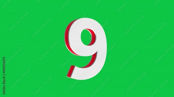 3D Number 9 logo rotating on green screen chroma key background, 4K English alphabet animation video clip