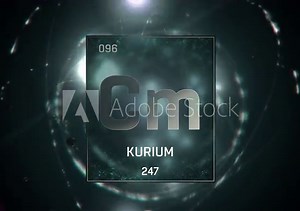Curium as Element 96 of the Periodic Table. Seamlessly looping 3D animation on green illuminated atom design background orbiting electrons name, atomic weight element number in German language Stock Video