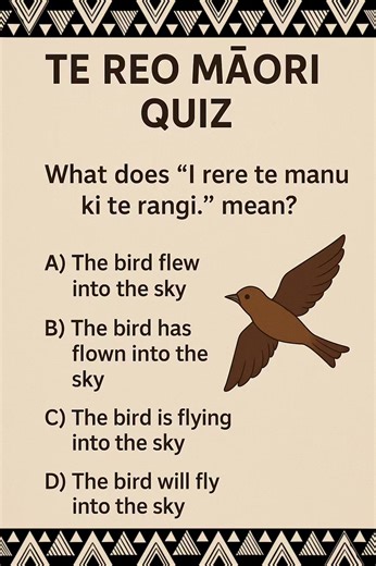 🧠 Te Reo Māori Quiz Today's Challenge 👇 ❓ What does “I rere te manu ki te rangi.” mean? A) The bird flew into the sky B) The bird has flown into the sky C) The bird is flying into the sky D) The bird will fly into the sky Drop your answer in the comments ⬇️ A,B,C or D🤔 Ka rawe whānau, have a go🙌 #TeReoMāori #MāoriLanguage #KupuHou #LearnTeReo #MāoriQuiz | Rangi's Reo